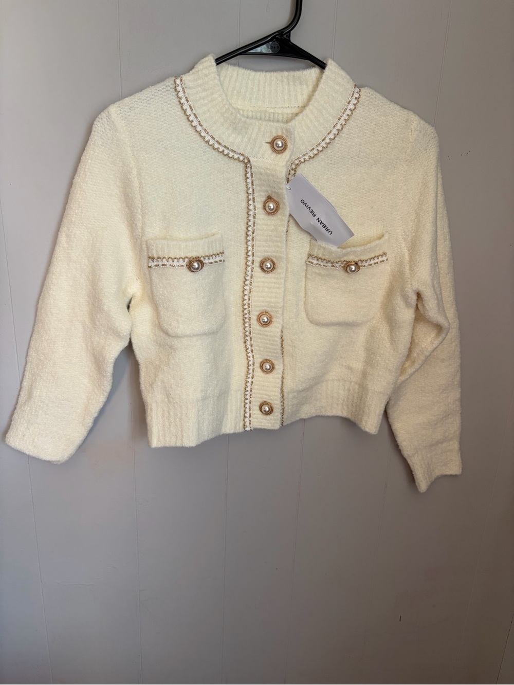 Cream Knit Cardigan Jacket with Pearled Buttons